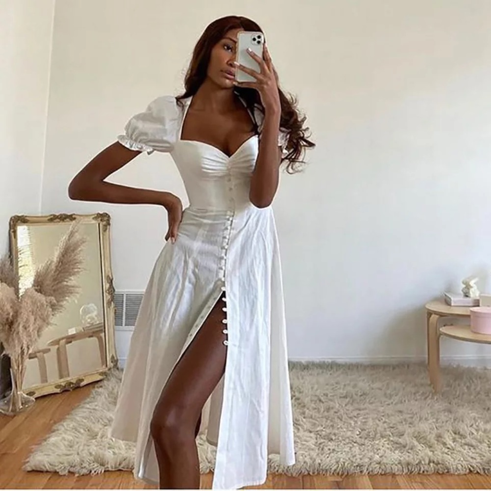 White Puff Sleeve Button Midi Dress